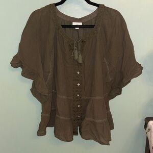 J. Jill Olive Green Boho Peasant Blouse with Tassel Tie
